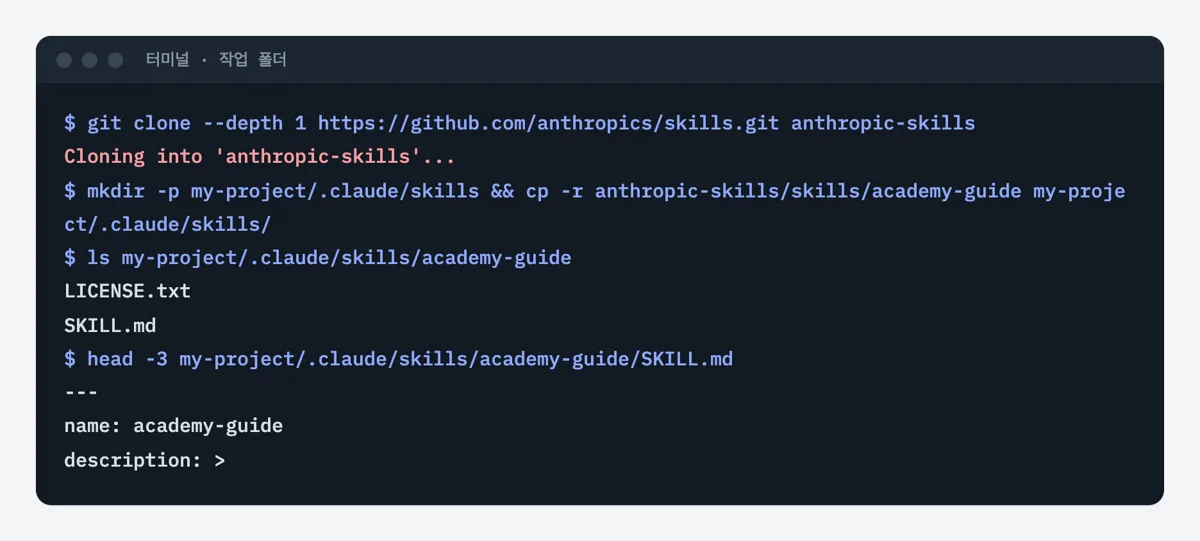 터미널에서 anthropics/skills 저장소를 받아 academy-guide 폴더를 작업 폴더의 .claude/skills로 복사하고 SKILL.md 첫 줄을 확인한 화면