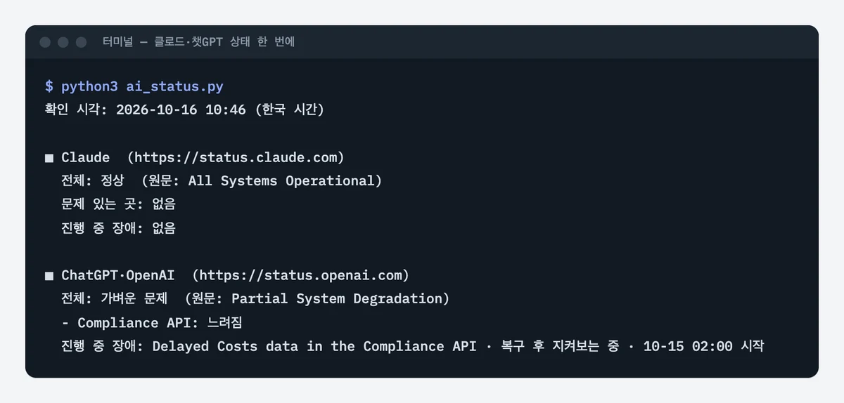 터미널에서 python3 ai_status.py 를 실행해 클로드는 정상, 챗GPT·OpenAI는 Compliance API가 느려짐으로 가벼운 문제라고 한국어로 나온 화면