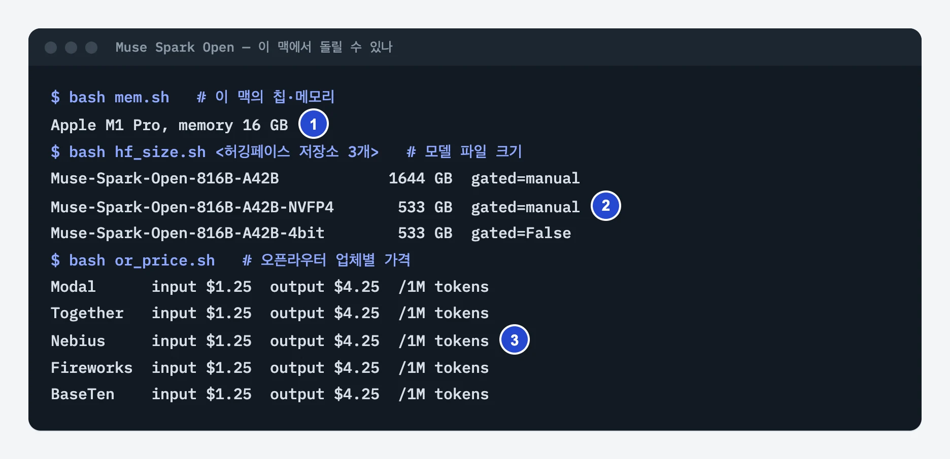 터미널 화면. 이 맥은 애플 M1 프로 메모리 16GB이고, 뮤즈 스파크 오픈 모델 파일은 원본 1644GB, NVFP4 533GB, 4비트 533GB이며, 오픈라우터 업체 다섯 곳 가격이 모두 입력 1.25달러, 출력 4.25달러다