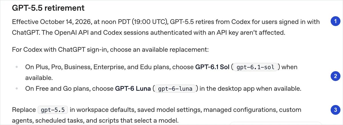 오픈AI 코덱스 모델 문서의 GPT-5.5 retirement 항목. 종료 시각, 요금제별 대체 모델, gpt-5.5를 바꿔야 할 곳이 적혀 있다