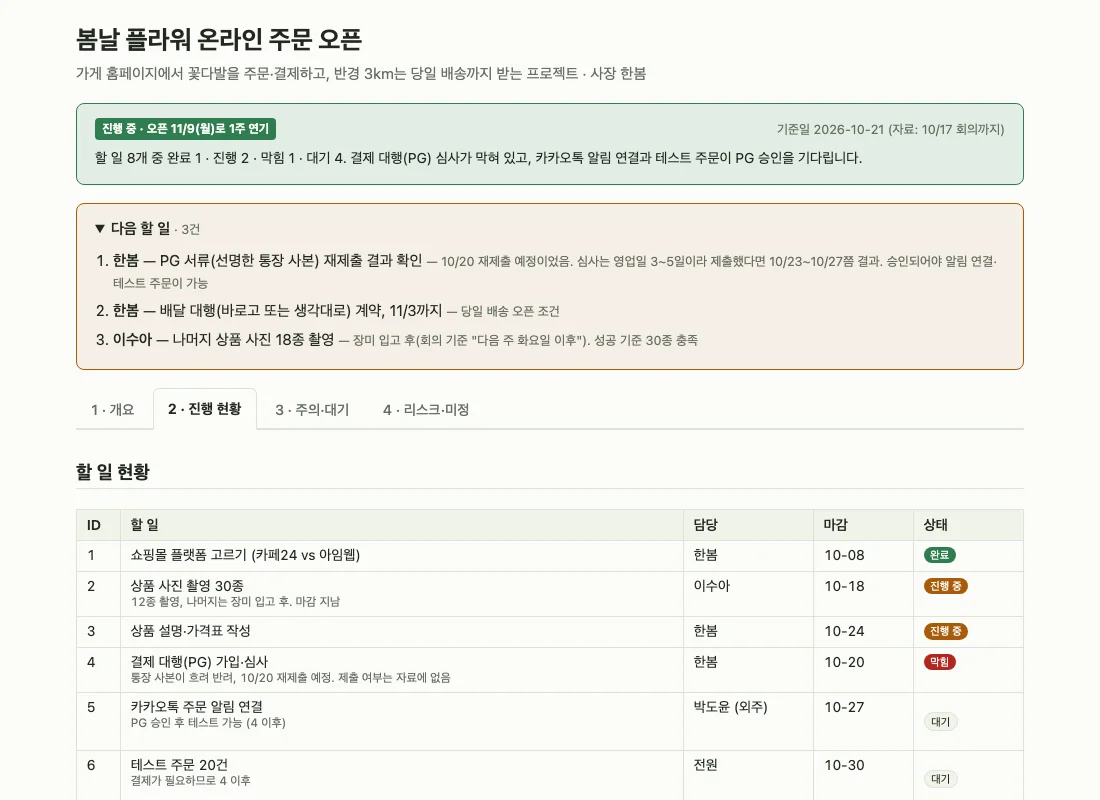 project-artifact 스킬로 만든 현황판. 상태 배너, 다음 할 일 3건, 진행 현황 탭의 번호·담당·마감·상태 표