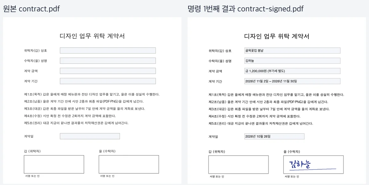 왼쪽은 빈칸 다섯 개와 빈 서명란이 있는 원본 계약서, 오른쪽은 빈칸이 채워지고 을 서명란에 김하늘 서명이 들어간 결과 계약서
