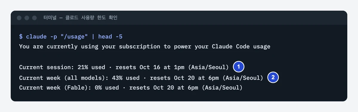 터미널에서 claude -p "/usage"를 실행해 현재 세션 사용량 21퍼센트와 초기화 시각, 이번 주 전체 모델 사용량 43퍼센트와 초기화 시각이 나온 화면